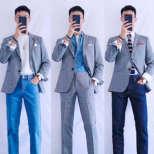 灰色格子休閑款西服定制