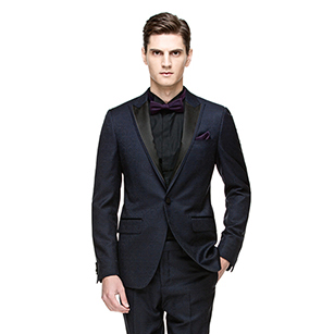 藍色優雅緞面戧駁領禮服套裝